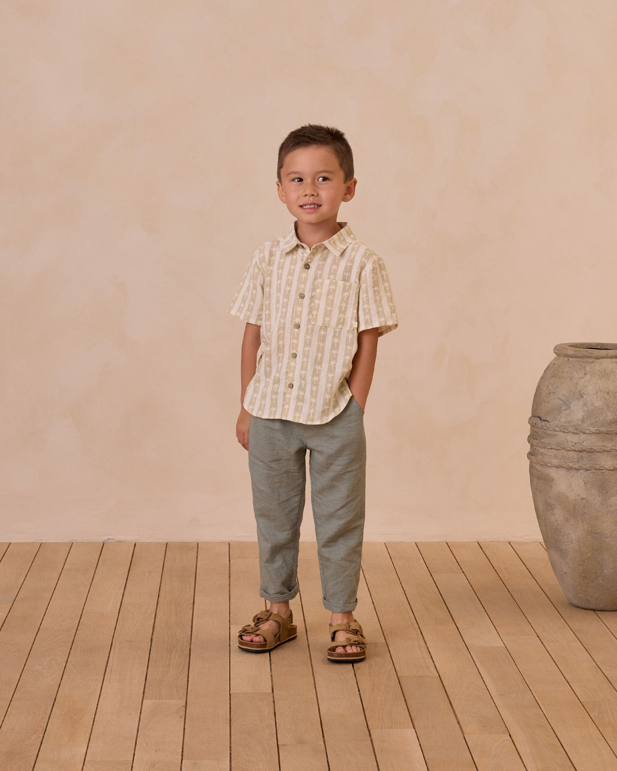 Palm Stripe Collared Short Sleeve Shirt