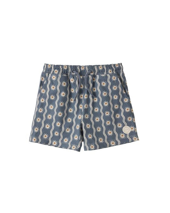 Blue patterned shorts on a white background