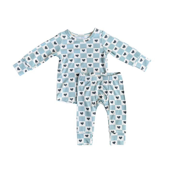 Blue Checkered Heart Pajama Set