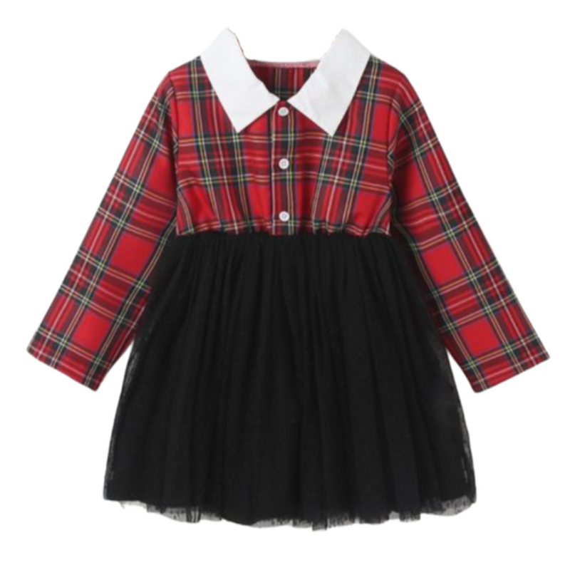 Collared Tartan Tulle Dress